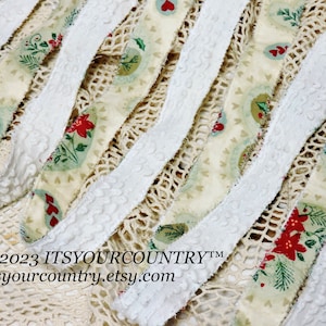 Christmas Print & Vintage Chenille Cotton Fabric Double-Sided Rag Ribbon Artisan Handmade Cottage Chic Unique Ribbon itsyourcountry image 4