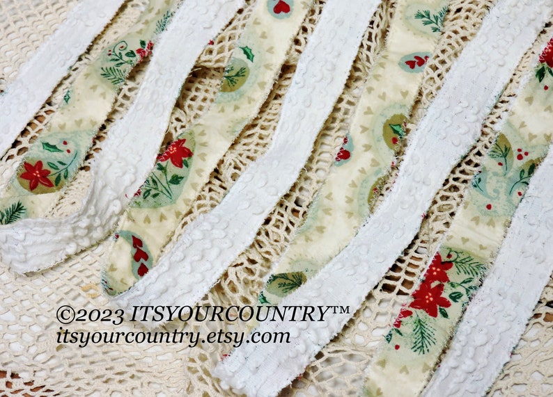 Christmas Print & Vintage Chenille Cotton Fabric Double-Sided Rag Ribbon Artisan Handmade Cottage Chic Unique Ribbon itsyourcountry image 4