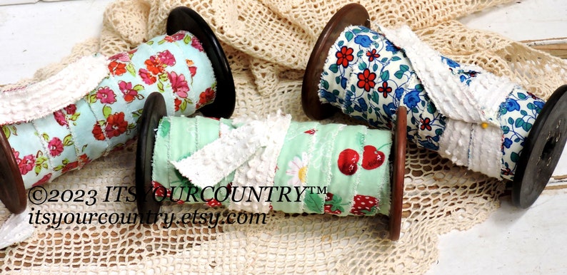 Christmas Print & Vintage Chenille Cotton Fabric Double-Sided Rag Ribbon Artisan Handmade Cottage Chic Unique Ribbon itsyourcountry image 10