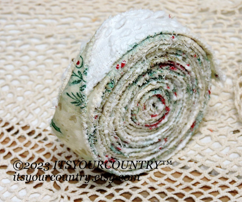 Christmas Print & Vintage Chenille Cotton Fabric Double-Sided Rag Ribbon Artisan Handmade Cottage Chic Unique Ribbon itsyourcountry image 8