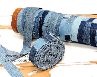 Upcycled Denim Fabric Rag Ribbon Artisan Handmade Blue Jean Fiber Art "Patched-Up" Tattered Sewing Craft Trim 5 yds itsyourcountry on etsy