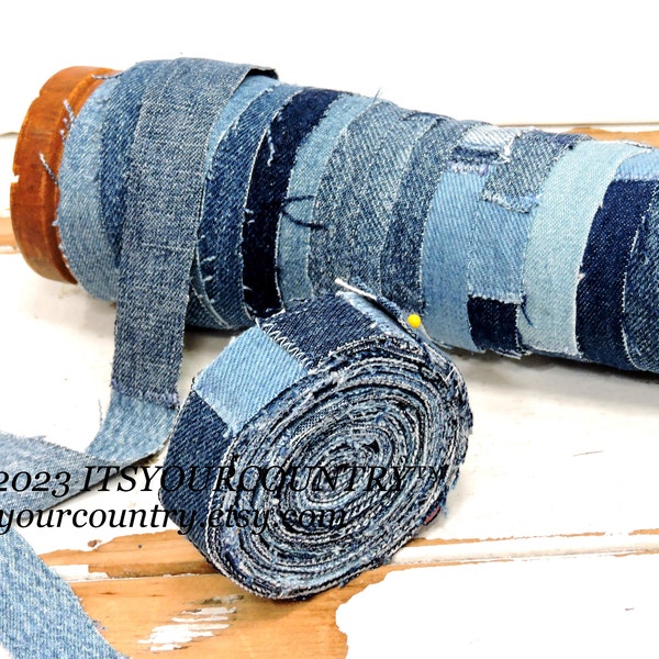 Upcycled Denim Fabric Rag Ribbon Artisan Handmade Blue Jean Fiber Art "Patched-Up" Tattered Sewing Craft Trim 5 yds itsyourcountry