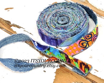 NEW* Boho Denim & Colorful Double-Face Fabric Rag Ribbon Artisan Handmade Cotton Tattered Fiber Art Sewing Craft Trim ityourcountry
