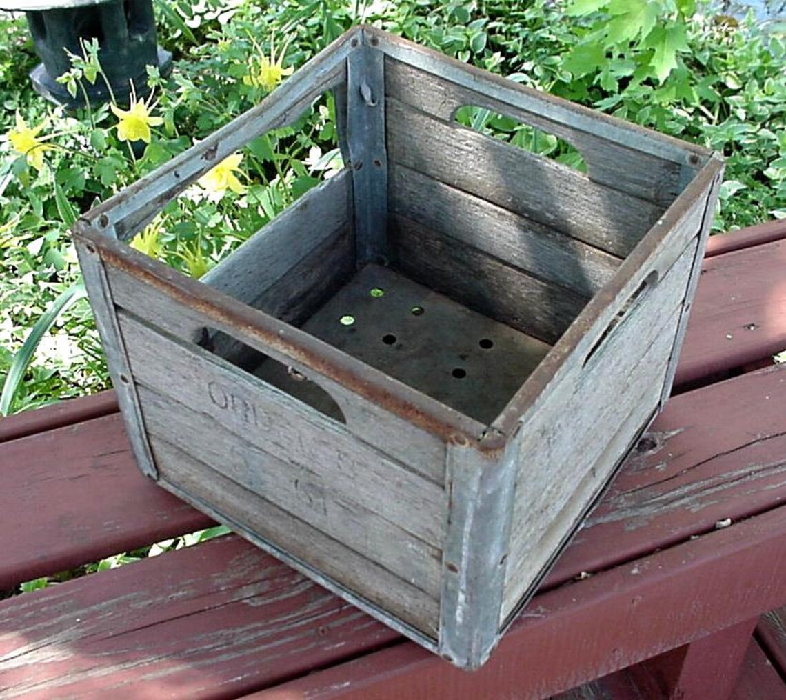 Bordens Milk Crate Vintage Weathered Wood Metal Milk Crate