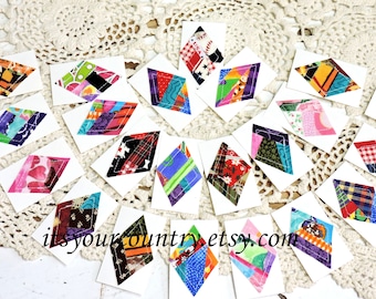 Artisan Textile Fiber Art Cards, Mosaic Patchwork Multi Colored Assortment Tags Tabs Package Product Labels itsyourcountry
