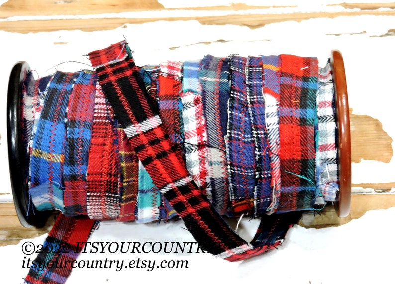 Plaid Flannel Fabric Rag Ribbon Artisan Multicolored Fiber Art Sewing Craft Trim Tattered Cotton Gift Wrap Textile Yarn itsyourcountry image 4