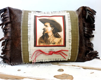 Western Cowboy Pillow Faux Leather Buffalo Bill Cody Decorative Throw Pillow Ranch Cabin Lodge Decor One-of-a Kind itsyourcountry