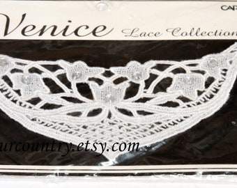 Venice Lace Applique Carolace White Sew On Fancy Floral Tulip Embellishment with Rhinestones Wedding Dress Neckline itsyourcountry