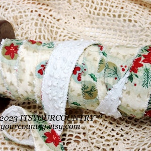 Christmas Print & Vintage Chenille Cotton Fabric Double-Sided Rag Ribbon Artisan Handmade Cottage Chic Unique Ribbon itsyourcountry image 1