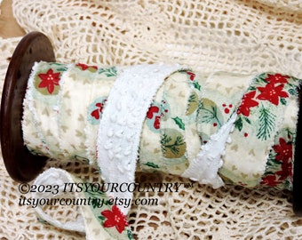 Christmas Print & Vintage Chenille Cotton Fabric Double-Sided Rag Ribbon Artisan Handmade Cottage Chic Unique Ribbon itsyourcountry