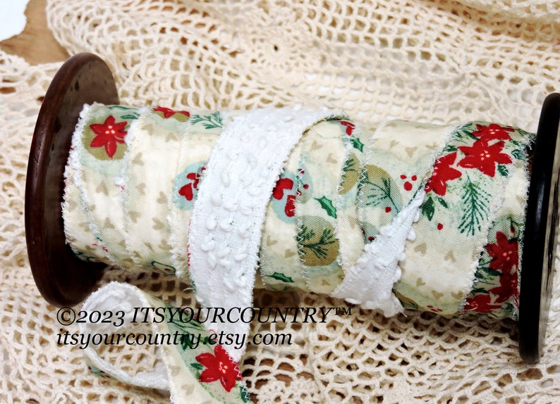 Christmas Print & Vintage Chenille Cotton Fabric Double-Sided Rag Ribbon Artisan Handmade Cottage Chic Unique Ribbon itsyourcountry image 1