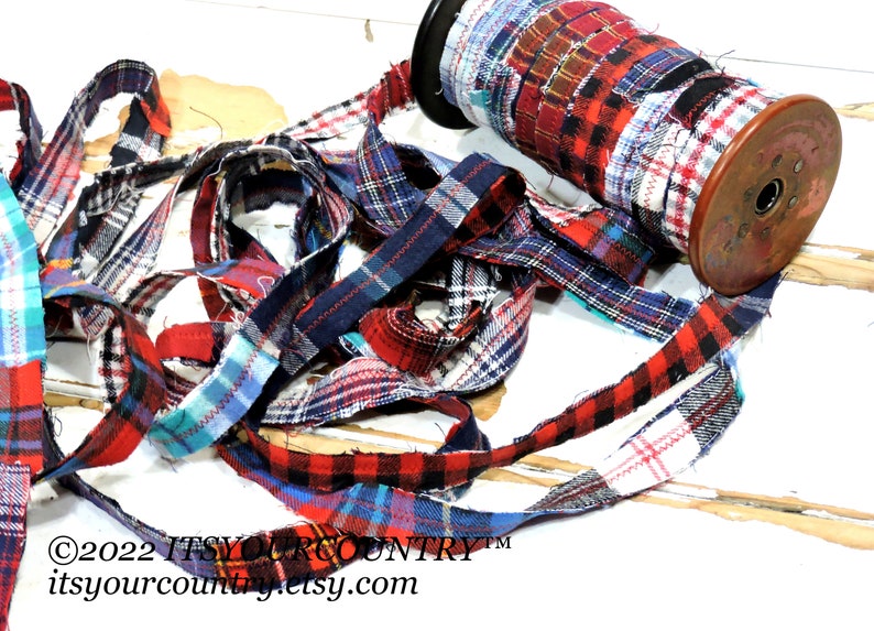 Plaid Flannel Fabric Rag Ribbon Artisan Multicolored Fiber Art Sewing Craft Trim Tattered Cotton Gift Wrap Textile Yarn itsyourcountry image 2