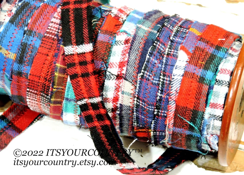 Plaid Flannel Fabric Rag Ribbon Artisan Multicolored Fiber Art Sewing Craft Trim Tattered Cotton Gift Wrap Textile Yarn itsyourcountry image 6