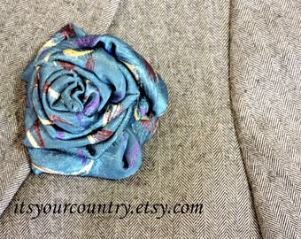 Teal Fabric Flower Brooch, Eco Chic Upcycled Mens Necktie Art Corsage, Textile Fiber Art Flower Lapel Pin itsyourcountry on etsy