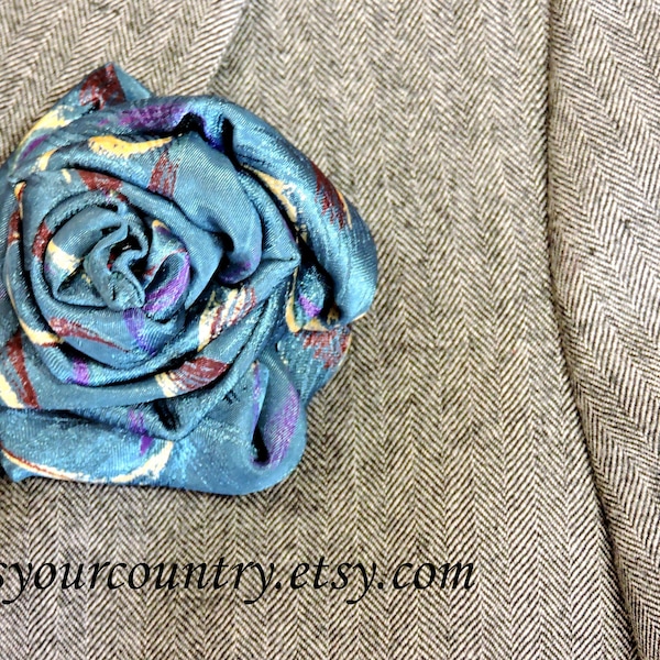 Teal Fabric Flower Brooch, Eco Chic Upcycled Mens Necktie Art Corsage, Textile Fiber Art Flower Lapel Pin itsyourcountry on etsy