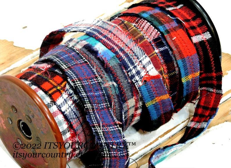 Plaid Flannel Fabric Rag Ribbon Artisan Multicolored Fiber Art Sewing Craft Trim Tattered Cotton Gift Wrap Textile Yarn itsyourcountry image 1