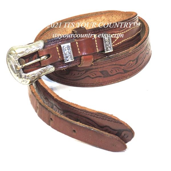 Western Ranger Style Belt Brown Tooled Leather with Silver Buckle & Keepers Vintage Penney's Womens Size 32 itsyourcountry on etsy