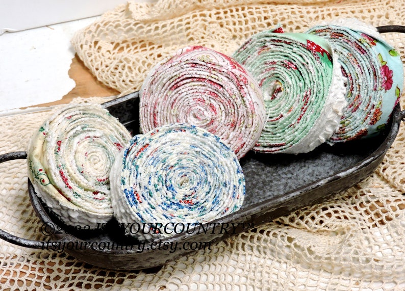 Christmas Print & Vintage Chenille Cotton Fabric Double-Sided Rag Ribbon Artisan Handmade Cottage Chic Unique Ribbon itsyourcountry image 9