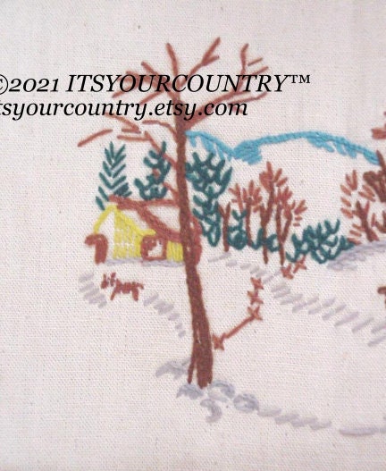Vintage Crewel Embroidery Winter Stitchery Scene Woodland Snow
