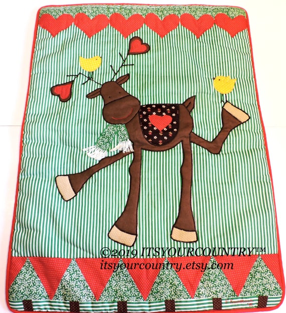 Whimsical Reindeer Wallhanging Patchwork Machine Appliqued Vintage