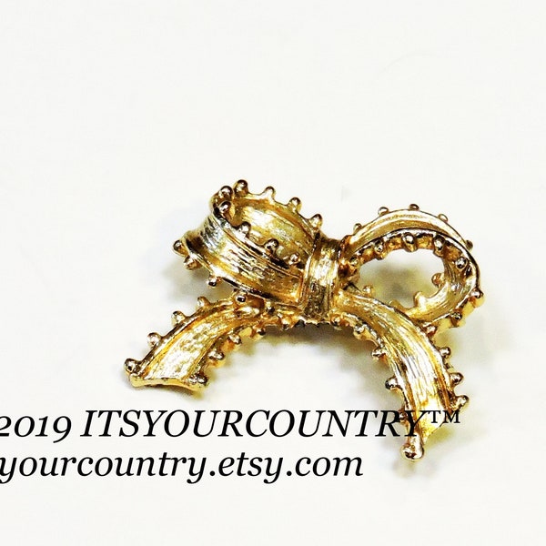 Vintage Bow Brooch, Signed Tancer II, Picot Edge Tied Ribbon Bow Lapel Pin, Collectible Gold Tone Costume Jewelry itsyourcountry on etsy