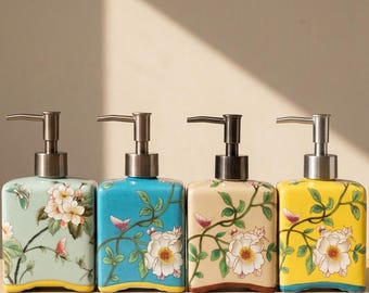 Vintage Floral Ceramic Soap Dispenser, Colorful Bathroom Decor Accessory, Elegant Hand Soap Pump Bottle, Retro Flower Kitchen Decor, Gift