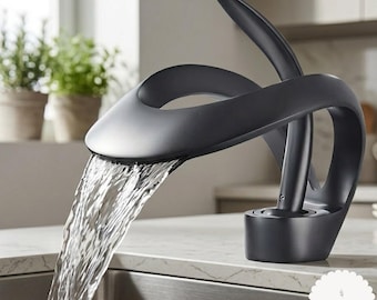 Waterfall Basin Faucet, Rozin Luxury Black Brass Deck Mount Hot Cold Mixer Tap, Modern Grey Bathroom Sink Crane Single Handle