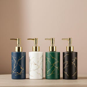 320ML Marble Glass Soap Dispenser, Gold Pump Refillable Lotion Bottle, Modern Bathroom Countertop Accessory, Elegant Luxury Sink Decor, Gift
