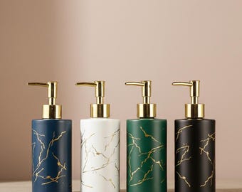 320ML Marble Glass Soap Dispenser Bottle with Gold Pump – Refillable Lotion Bottle for Bathroom Decor and Modern Counter Accessories