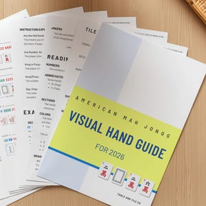 May include: A stack of white paper sheets with text and diagrams, including a guide titled "American Mah Jongg Visual Hand Guide for 2026." A black pen and a cup of tea are in the background.