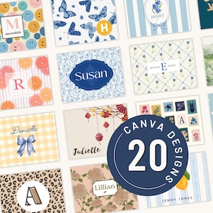 May include: A collection of twenty rectangular cards featuring diverse graphic patterns including smiley faces, butterflies, citrus slices, floral prints, and animal motifs, with various names and initials displayed in different fonts and layouts.