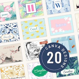 Puede incluir: Una colección de veinte tarjetas rectangulares con diversos diseños gráficos, incluyendo patrones florales, estampados botánicos, paisajes y nombres personalizados. Una insignia circular azul oscuro con el texto CANVA DESIGNS 20 se superpone al centro.
