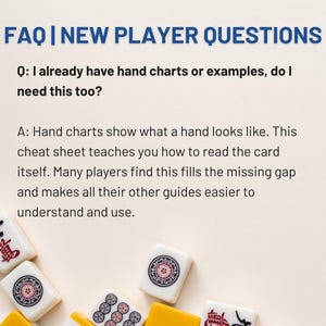 Pode incluir: Imagem creme com o texto azul "FAQ | NEW PLAYER QUESTIONS". O texto responde a uma pergunta sobre tabelas de m&atilde;os e folhas de dicas para um jogo de cartas, com pe&ccedil;as de Mahjong em primeiro plano.