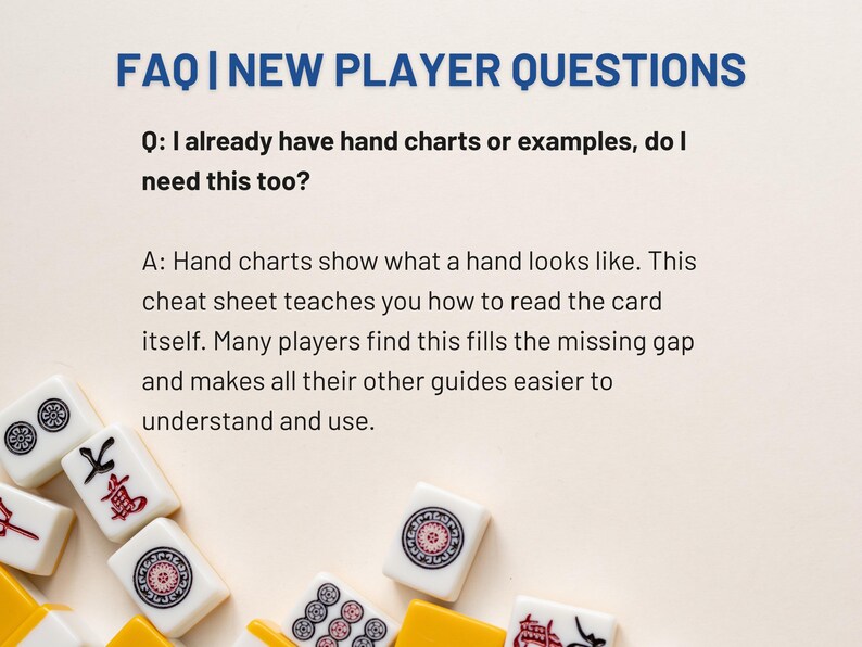 Pode incluir: Imagem creme com o texto azul "FAQ | NEW PLAYER QUESTIONS". O texto responde a uma pergunta sobre tabelas de m&atilde;os e folhas de dicas para um jogo de cartas, com pe&ccedil;as de Mahjong em primeiro plano.