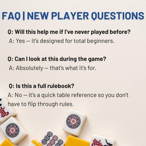 May include: Image features a FAQ section titled "FAQ | NEW PLAYER QUESTIONS" in blue text. The questions and answers are about a game, with Mahjong tiles scattered at the bottom. The questions address beginner use and quick reference.