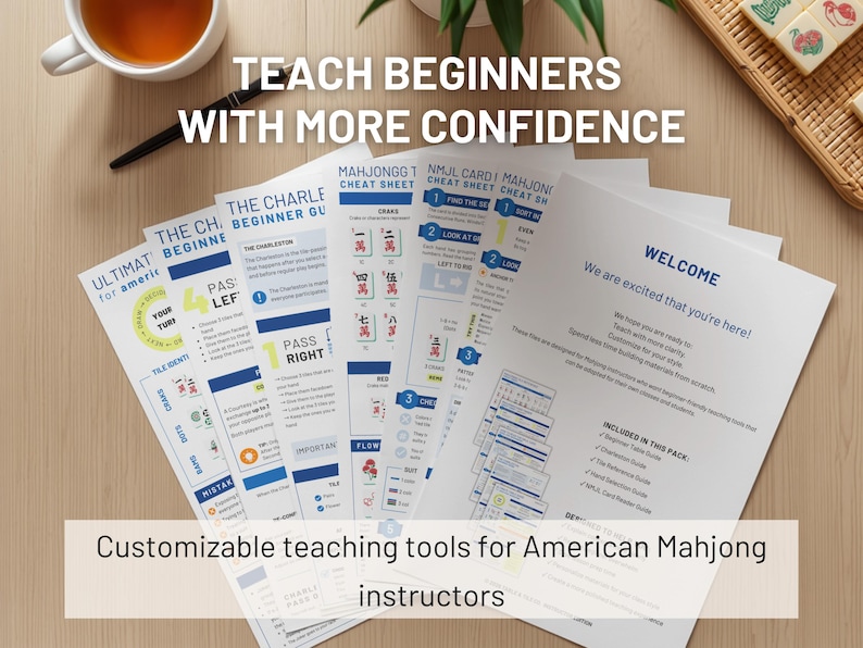 May include: A collection of printed teaching aids for American Mahjong, including cheat sheets and beginner guides. The materials are designed to help instructors teach with confidence. The image includes text that reads "TEACH BEGINNERS WITH MORE CONFIDENCE."