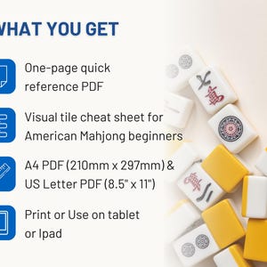 May include: Image showing a set of Mahjong tiles with text that reads "WHAT YOU GET". The text describes a one-page quick reference PDF, a visual tile cheat sheet for American Mahjong beginners, and A4 and US Letter PDF formats.