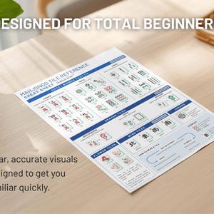 A Mahjongg Tile Reference Cheat Sheet with clear visuals and the text "DESIGNED FOR TOTAL BEGINNERS". The sheet includes suits, number tiles, dragon tiles, wind tiles, flower tiles, and jokers. The text "Clear, accurate visuals designed to get you familiar quickly" is also visible.