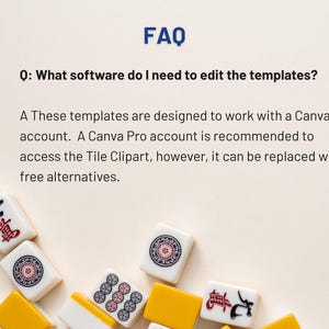 May include: A collection of white and yellow Mahjong tiles with red and black symbols and designs. The image includes the text "FAQ" and a question about editing templates, with an answer about using Canva.