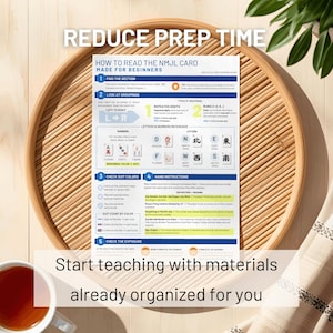 May include: A printed guide on a round bamboo tray, with the text "HOW TO READ THE NMJL CARD MADE FOR BEGINNERS." The guide includes instructions, diagrams, and color-coded sections. The text "REDUCE PREP TIME" and "Start teaching with materials already organized for you" are also visible.