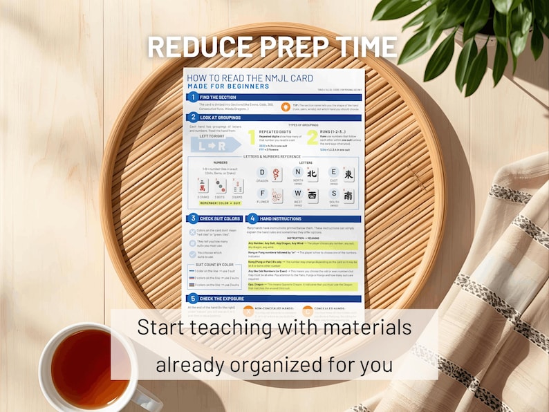 May include: A printed guide on a round bamboo tray, with the text "HOW TO READ THE NMJL CARD MADE FOR BEGINNERS." The guide includes instructions, diagrams, and color-coded sections. The text "REDUCE PREP TIME" and "Start teaching with materials already organized for you" are also visible.
