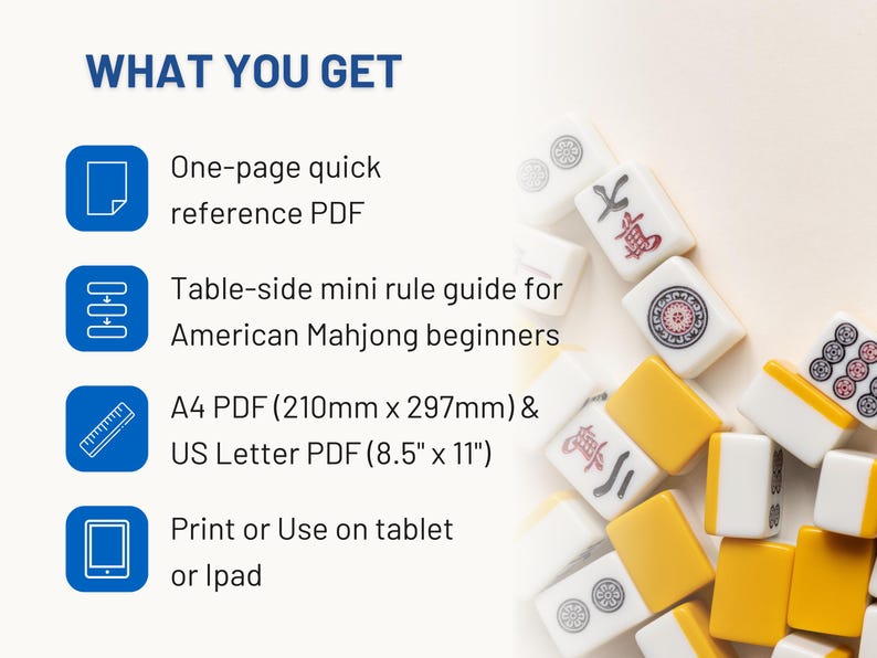 May include: Image shows Mahjong tiles with text: "WHAT YOU GET" including a one-page PDF, a mini rule guide for American Mahjong beginners, A4 and US Letter PDF sizes, and options to print or use on a tablet or iPad.