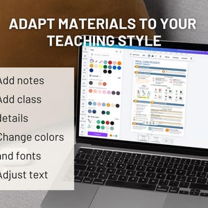 May include: A laptop displaying a document with the text "ADAPT MATERIALS TO YOUR TEACHING STYLE." The screen shows options to add notes, class details, change colors and fonts, and adjust text. The laptop is on a gray surface.