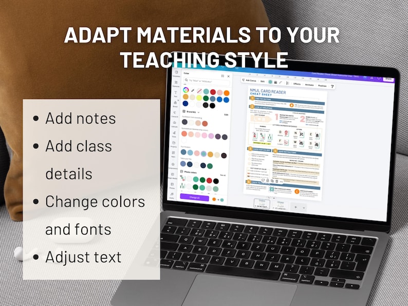 May include: A laptop displaying a document with the text "ADAPT MATERIALS TO YOUR TEACHING STYLE." The screen shows options to add notes, class details, change colors and fonts, and adjust text. The laptop is on a gray surface.