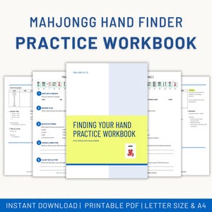 May include: A workbook titled "Mahjongg Hand Finder Practice Workbook" with the text "Finding Your Hand Practice Workbook" on the cover. The cover is white with a yellow rectangle and a red and white symbol. The workbook is for American Mahjongg.