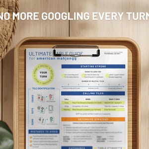 May include: A wooden tray holds a printed guide for American mahjongg. The guide features text and diagrams for tile identification, starting strategies, and calling tiles. The text "NO MORE GOOGLING EVERY TURN" is at the top.