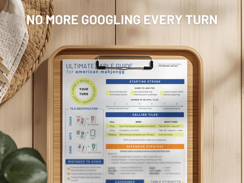 May include: A wooden tray holds a printed guide for American mahjongg. The guide features text and diagrams for tile identification, starting strategies, and calling tiles. The text "NO MORE GOOGLING EVERY TURN" is at the top.