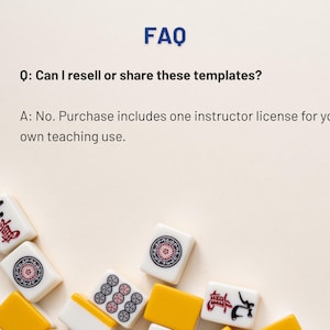 May include: A collection of Mahjong tiles with red, black, and blue symbols and designs, along with yellow tiles, are scattered on a cream-colored surface. The word "FAQ" is at the top, with a question and answer about template usage.