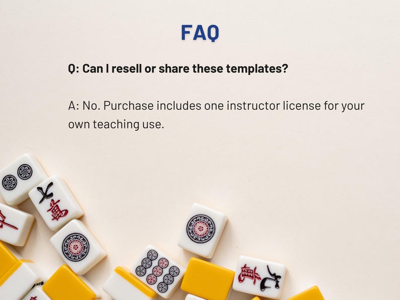 May include: A collection of Mahjong tiles with red, black, and blue symbols and designs, along with yellow tiles, are scattered on a cream-colored surface. The word "FAQ" is at the top, with a question and answer about template usage.