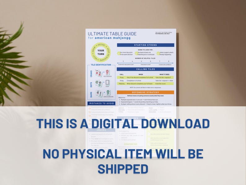 May include: A digital download titled "ULTIMATE TABLE GUIDE for american mahjongg." The guide features sections on starting strong, tile identification, calling tiles, and defensive strategy. Text at the bottom states "THIS IS A DIGITAL DOWNLOAD. NO PHYSICAL ITEM WILL BE SHIPPED."